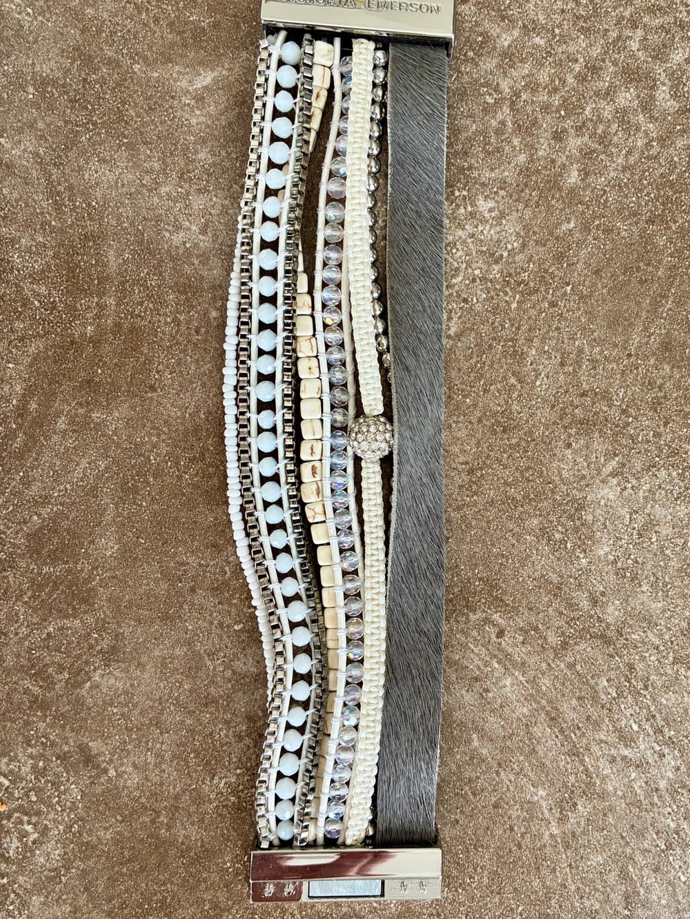 Victoria Emerson White, Silver & Gray Multi-Row Beaded Bracelet